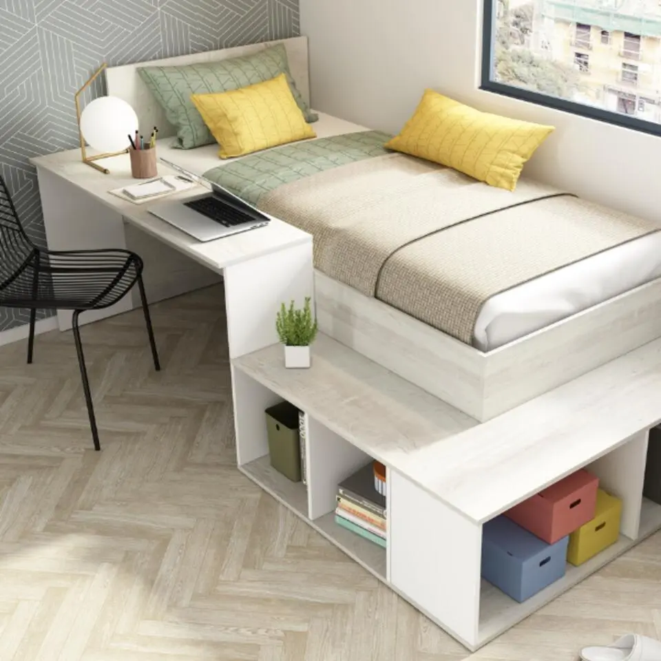 Bed Quinn 90x200 cm met bureau en opbergruimte - grenen/ wit