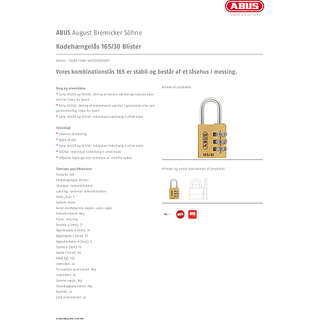 ABUS kodelås 165/30