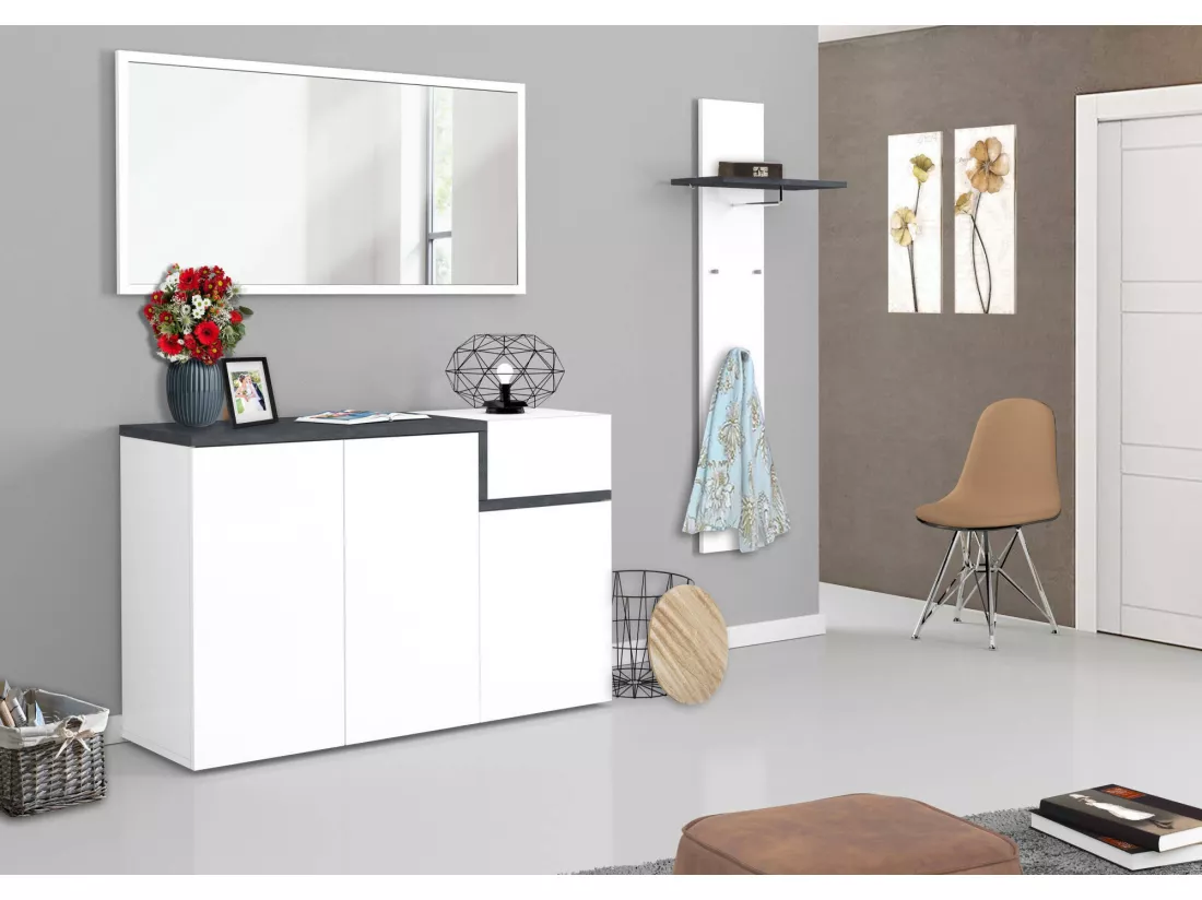 Étagère à chaussures Steve, Meuble polyvalent avec 3 portes et 1 porte abattante, Étagère à chaussures d'entrée, 100% Made in Italy, 120x40h80 cm, Blanc brillant et ardoise