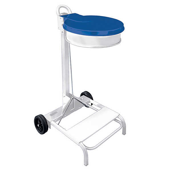 Support sac blanc mobile à pédale 110 litres, couvercle bleu