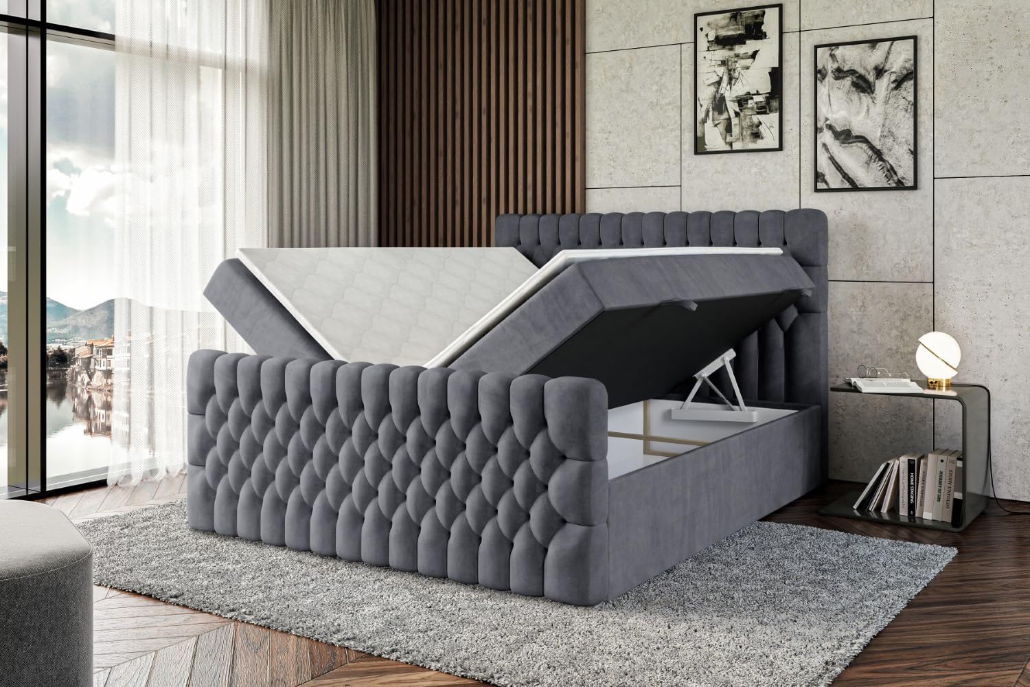 ALTDECOR Boxspringbett mit Matratze und Lattenrost, Boxbett, Topper, Fußteil, Polsterbett mit Bettkasten, Bett mit Stauraum H3-Matratze, Springboxbett -Serene-Z - 180x200 - Dunkelgrau Samt