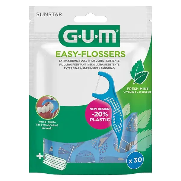 Fio dental para gengivas Easy Flossers com cera e sabor menta fresca, 30 unidades.