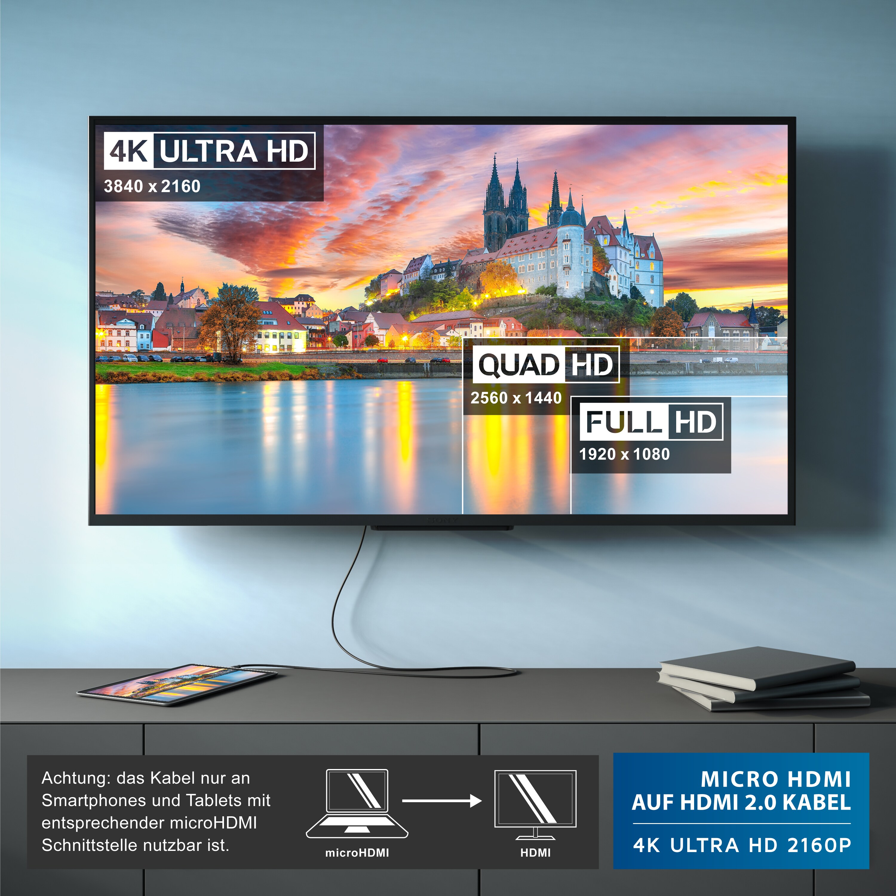 CSL HDMI Typ D (Micro) 2.0 zu HDMI Typ A Kabel, 4K, Ethernet, Ultra HD 2160p (3840 × 2160 Pixel) - 1m