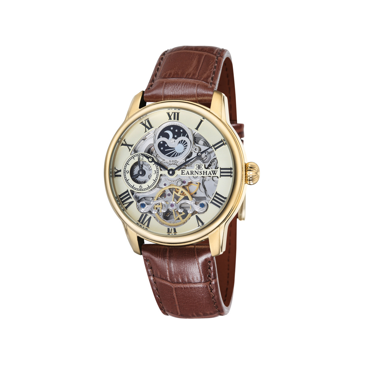 Montre EARNSHAW Longitude homme automatique acier doré bracelet cuir marron