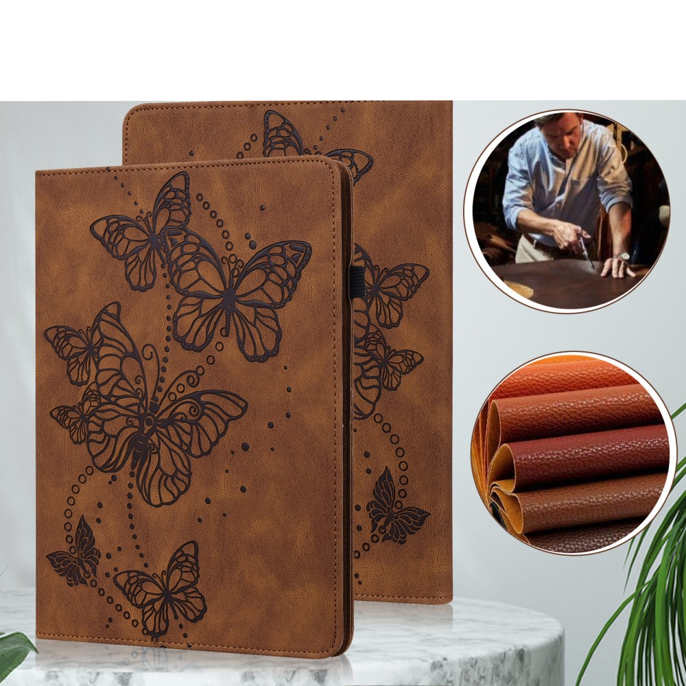 Samsung Galaxy Tab A9  Plus Leder Tasche Flip Cover Butterflies Imprint   S-Pen Halterung - Braun