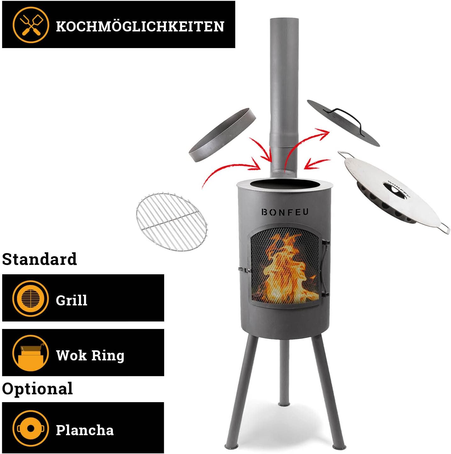 BonFeu Bongiano SP Schwarz - Terrassenofen - Feuerstelle mit Funkenschutz für entspannte Abende - Feuersäule Outdoor - Terrassenkamin mit Grillrost - Gartenofen aus hochwertigem Stahl - 30x30x142cm