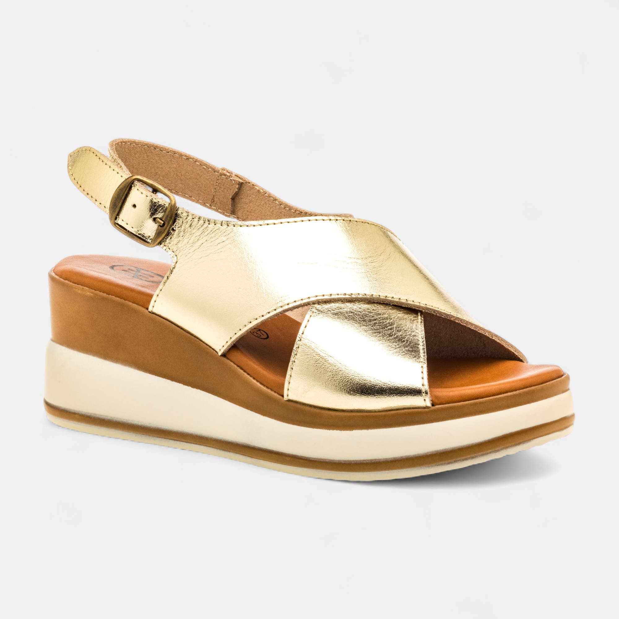 Nu-pieds à talon compensé Femme en cuir or
