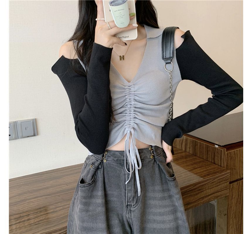 Allinya - Cold-Shoulder Two-Tone Long Sleeve V-neck Drawstring Crop Knit Top