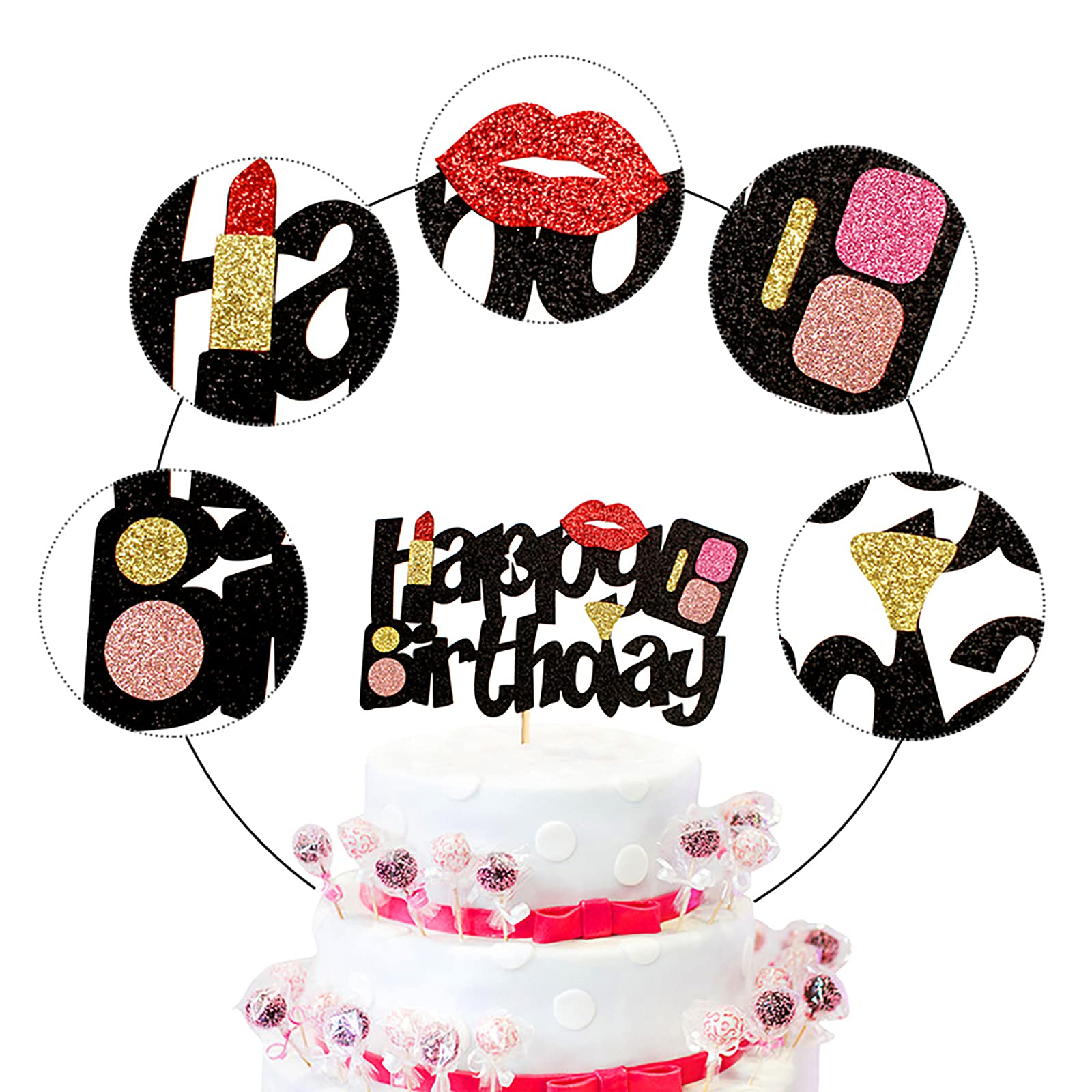 Kuchenstecker Happy Birthday Lippenstift Glitzer Tortenstecker Topper Dekoration für Torten / Kuchen - Schwarz