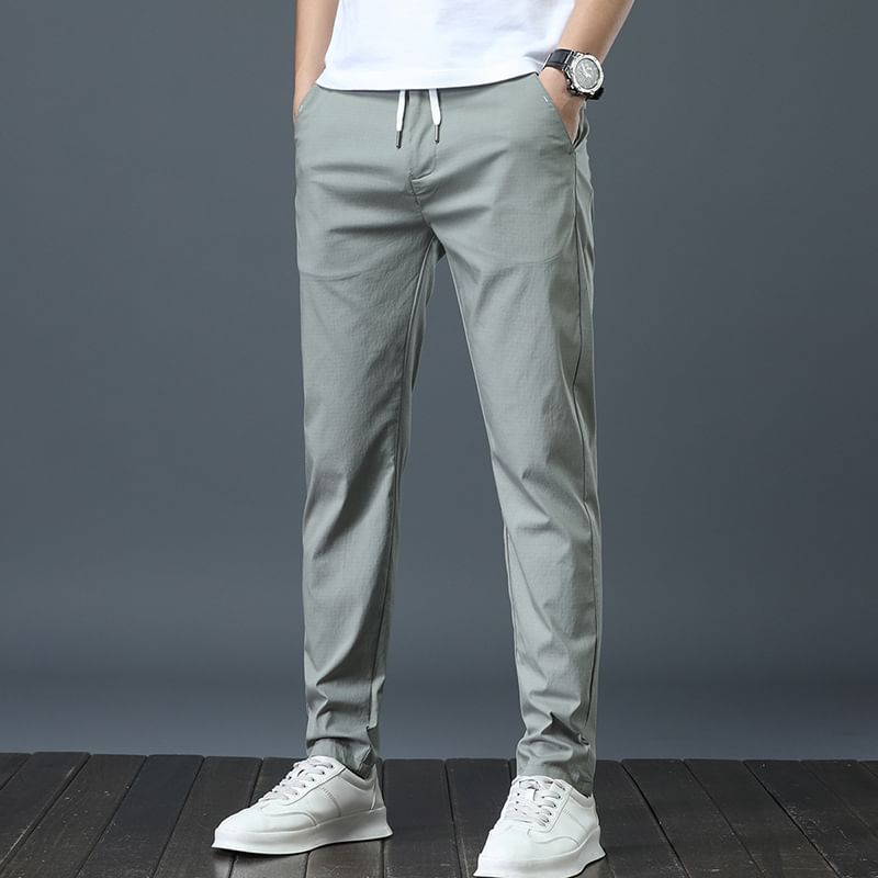 Denimic - Effen slim fit broek met trekkoordtaille