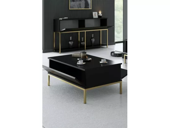 Table basse Antares, Table basse, Porte-revues pour canapé, Etagère de salon, 90x60h40 cm, Noir et Or