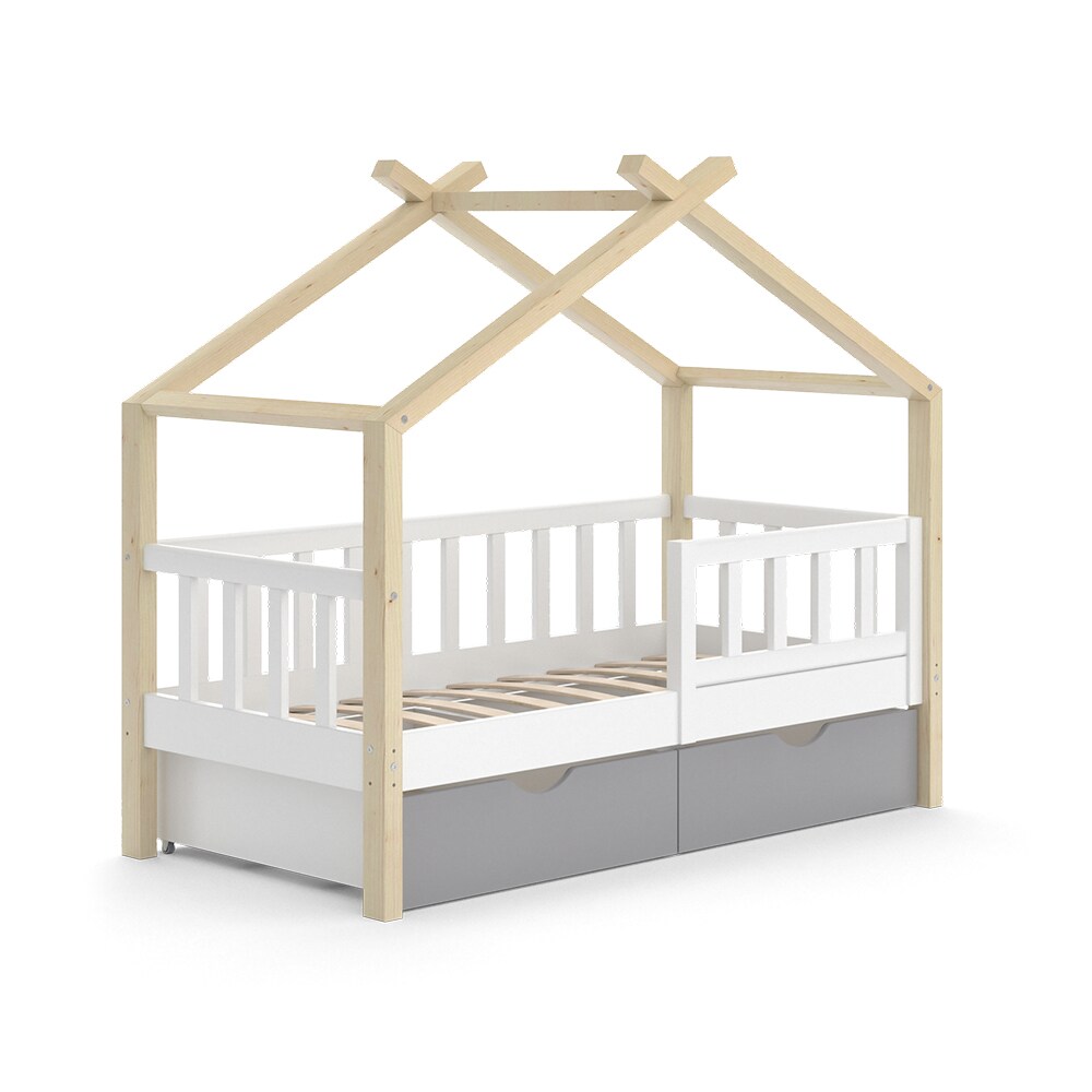 VitaliSpa Kinderbett Hausbett Einzelbett Design Weiß Grau Natur modern 70x140 cm Kinderzimmer Bett Massivholz Lattenrost Schublade Rausfallschutz Schubladenbett