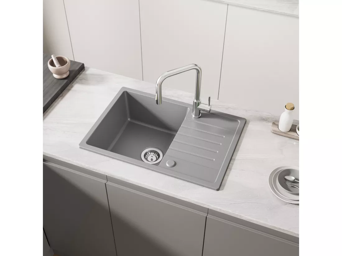 Cecipa max Evier 1 Bac avec Egouttoir Evier à encastrer Quartz et résine Gris 65x45cm + 300ML Distributeur de Savon Noir