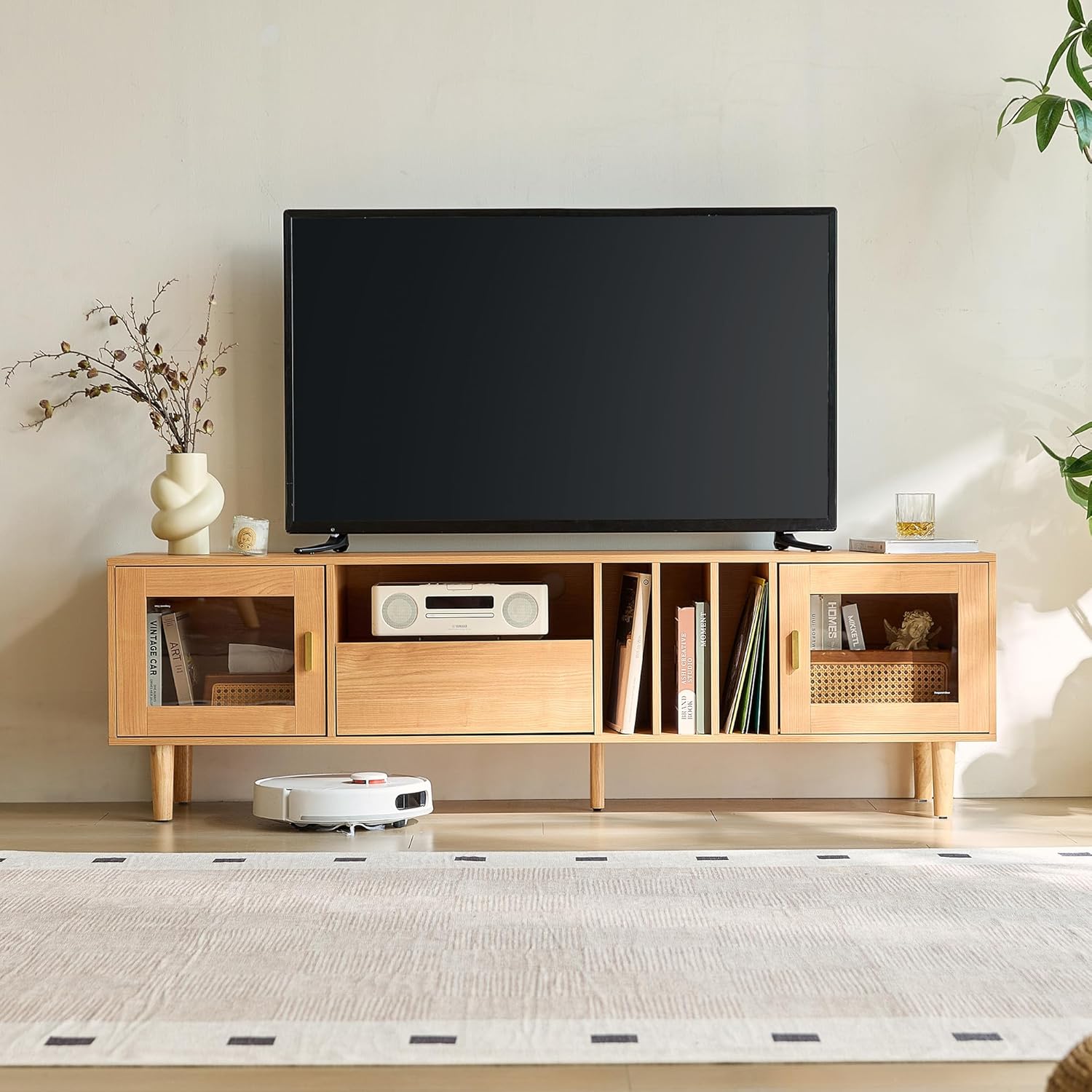 LINSY HOME TV Schrank, TV Lowboard mit 2 Türen und 1 Schubladen, Fernsehtisch mit Einlegeboden, Fernsehschrank für TVs bis 70 Zoll, 175 x 40 x 52 cm