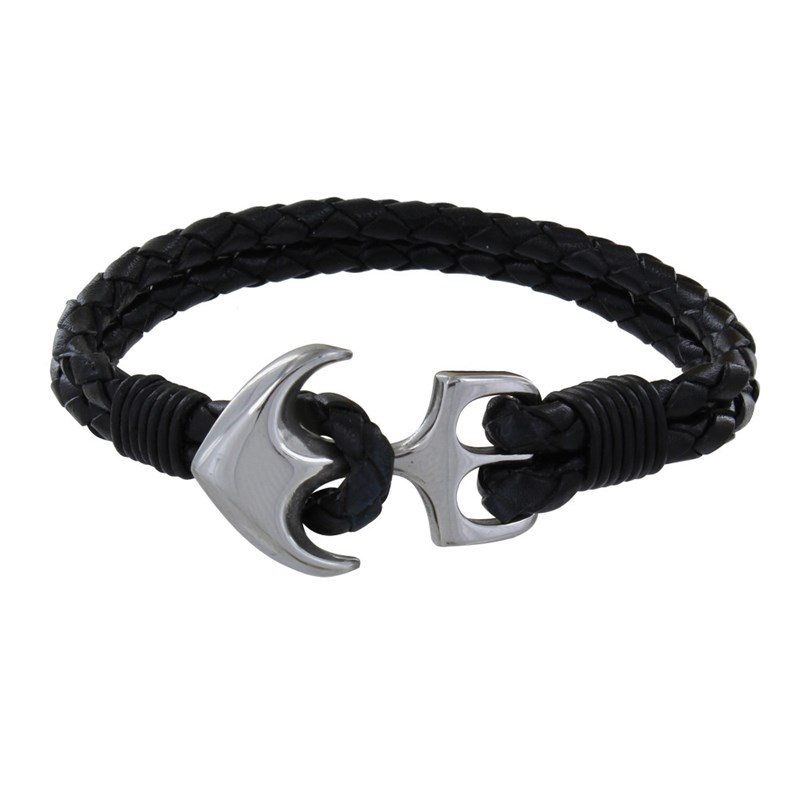 Bracelet Homme Argent Ancre et Cuir Noir Deux Liens Tr?ss?s Ronds - taille 21 cm
