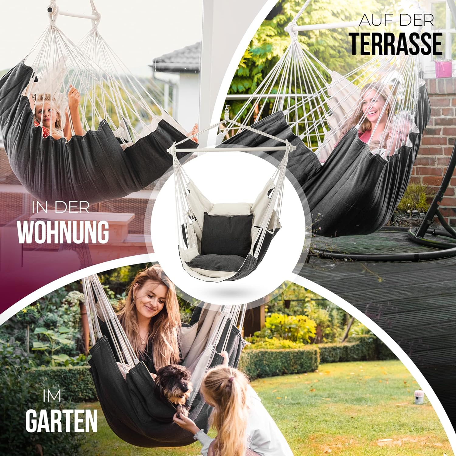 Hängesessel High-Class Outdoor & Indoor XXL [All Inclusive Paket mit Aufhängung + 3 Kissen] Kinder & Erwachsene bis 150 kg | Hängematte Wohn- Schlafzimmer, Garten Balkon Terrasse