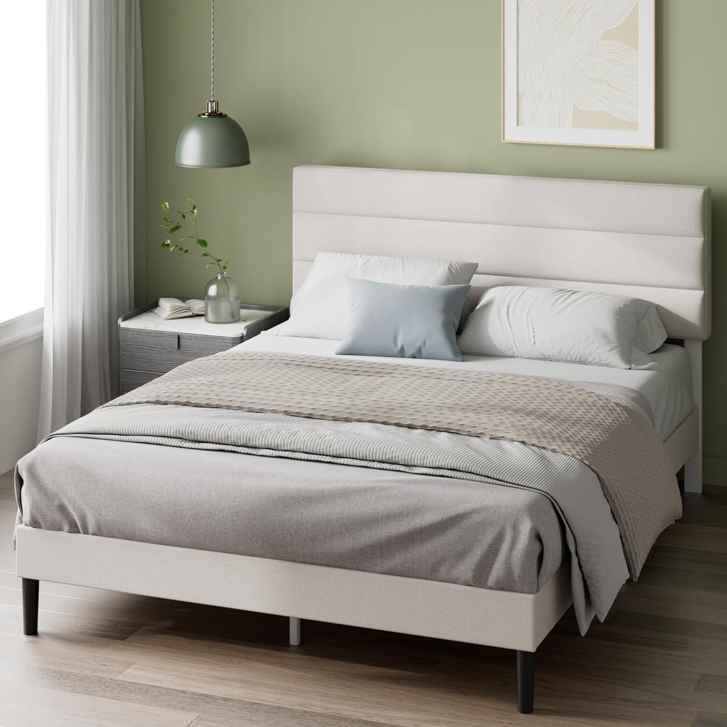 Zinus Piper Polsterbett 180x200 cm mit Kopfteil - 30 cm Hohes Bett 180x200 mit Lattenrost aus Holz - Kompakte Verpackung & Einfache Montage - Cremeweiß