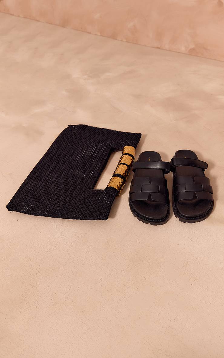 Noir Sandales Compensées À Bout Rond En Synthétiquecuir Avec Bride Velcro - Coupe Large