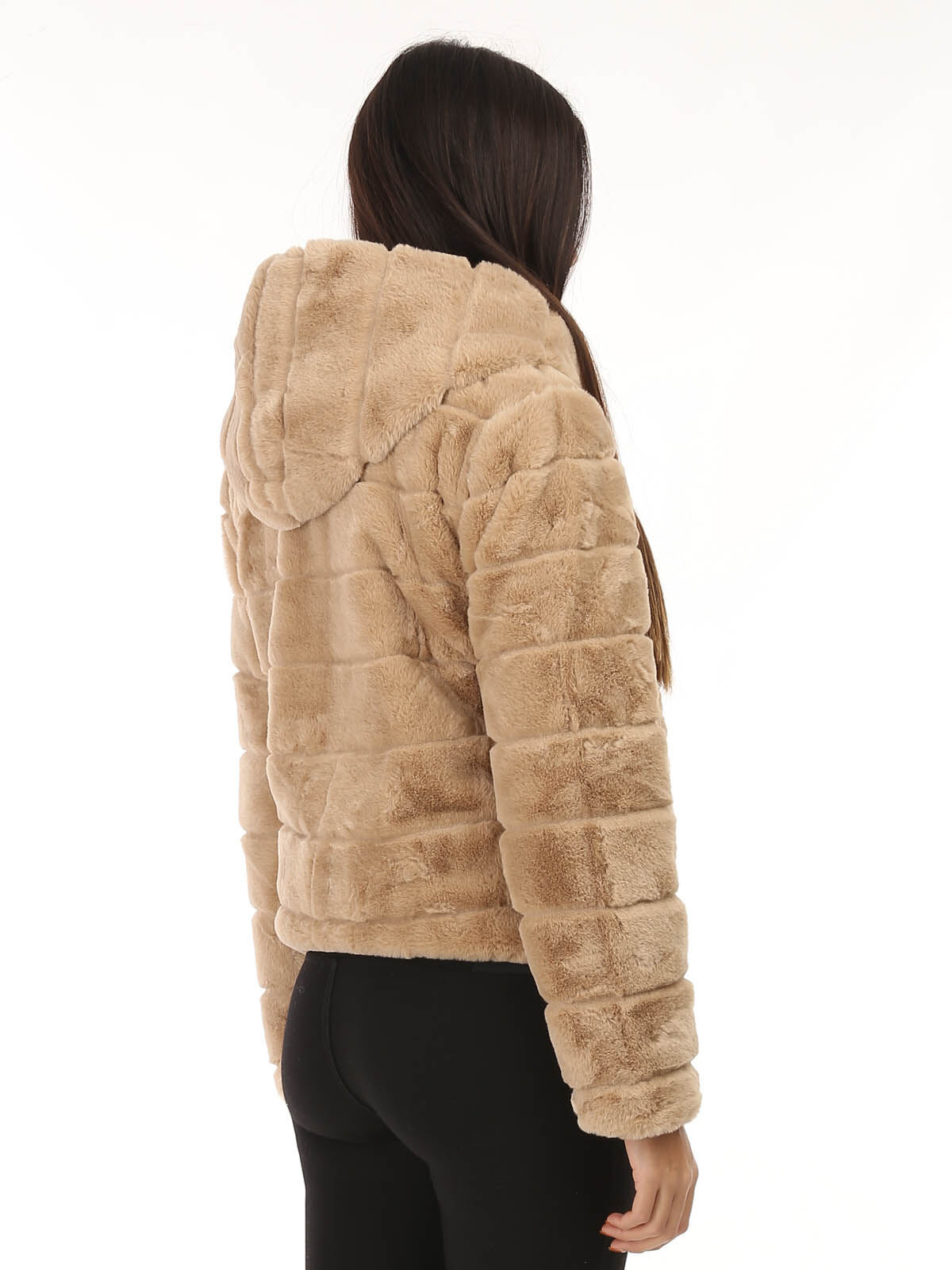 Manteau court à fausse fourrure et capuche- Camel