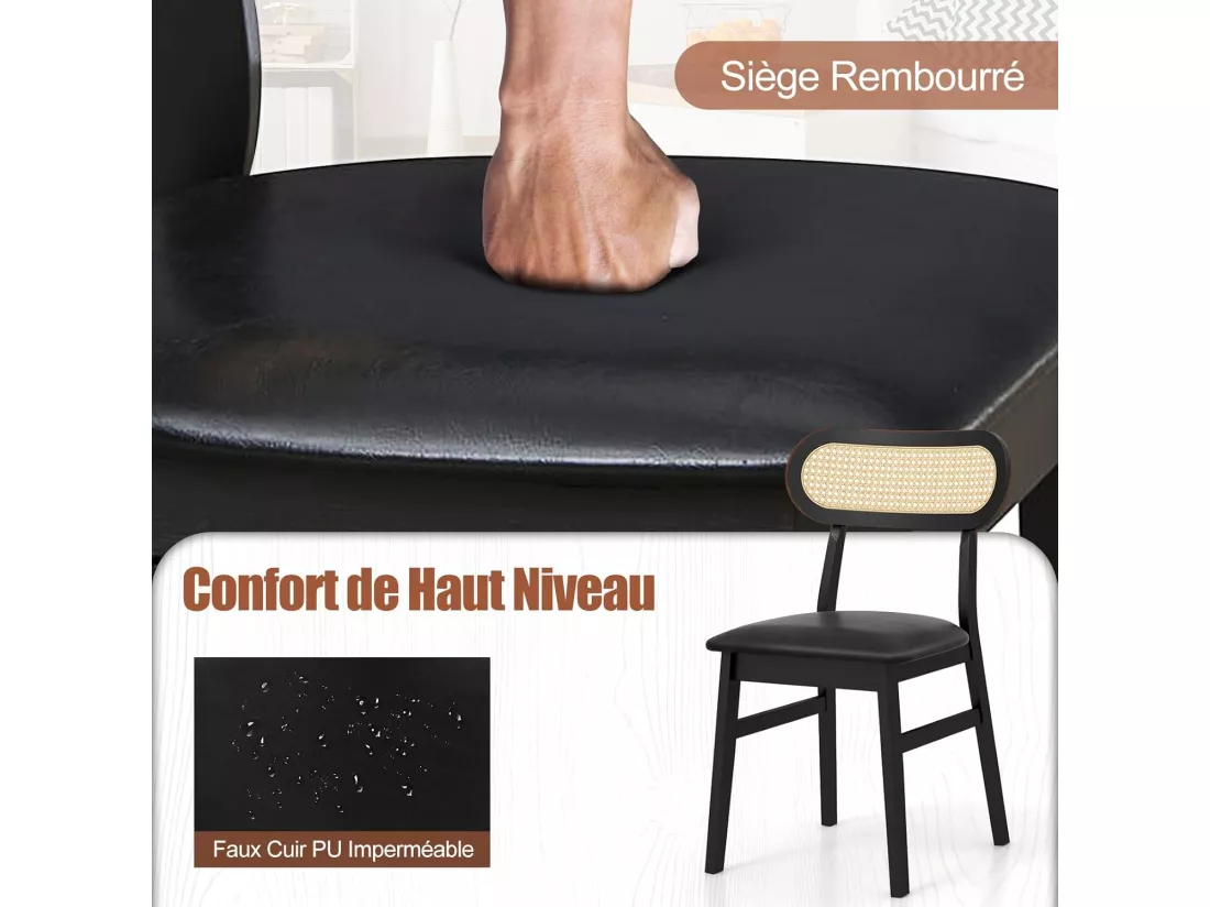 Chaise Salle a Manger Lot de 2, Chaise Salle a Manger Bois d'Hévéa, Dossier Rotin Cannage, Siège Rembourré en Similicuir, Chaise en Bois Salle a Manger pour Salon, Cuisine (Noir)