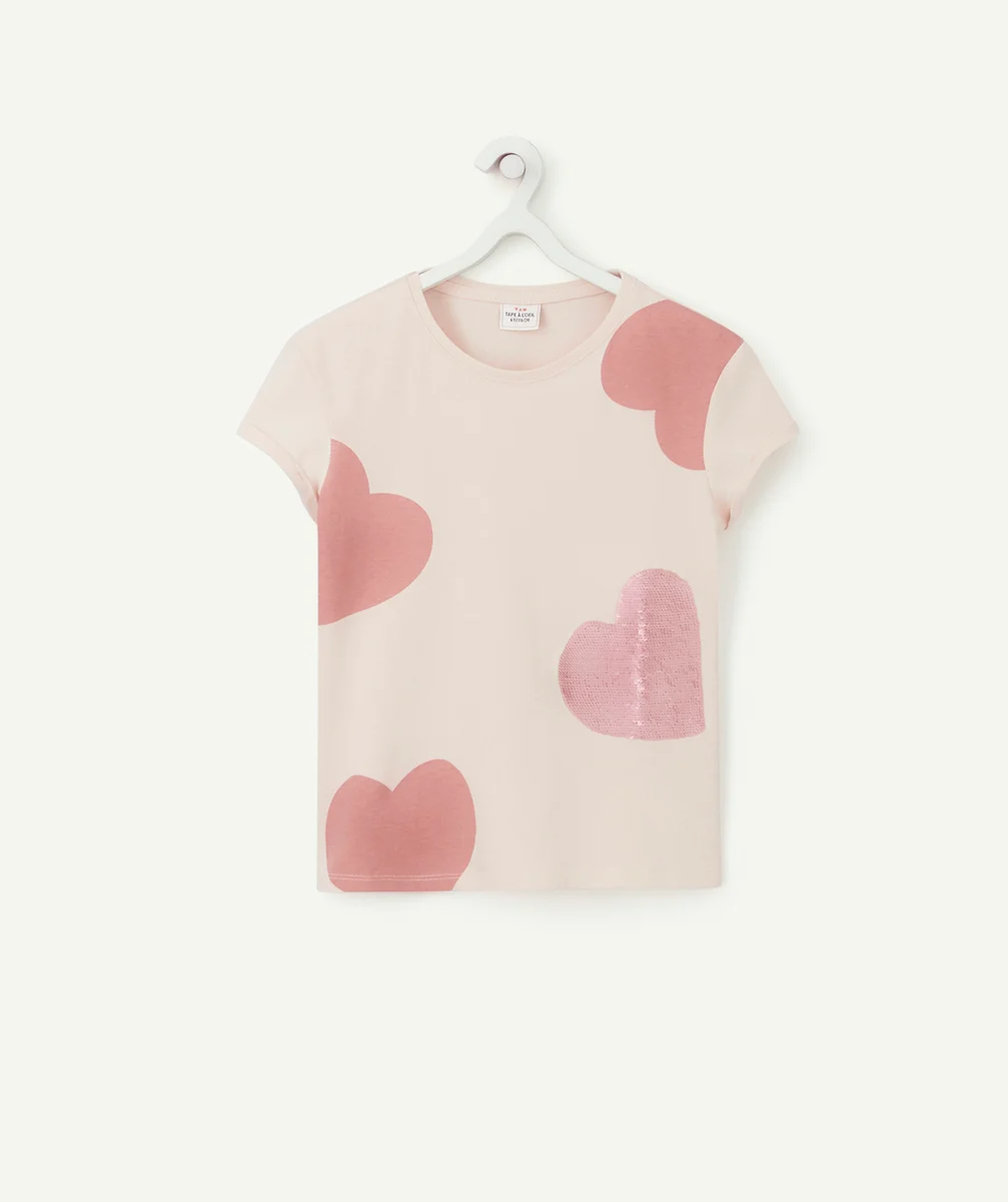 T-SHIRT FILLE EN COTON BIO ROSE AVEC COEUR À SEQUINS