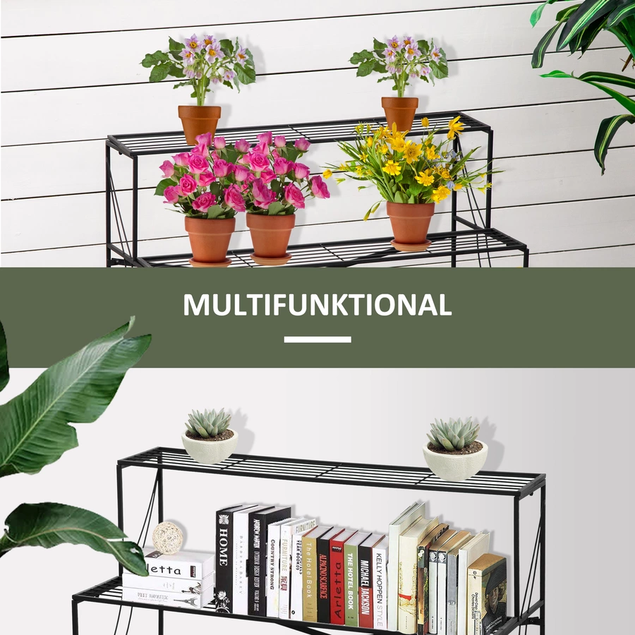 Outsunny Blumenregal mit 3 Stufen und Ornamenten schwarz