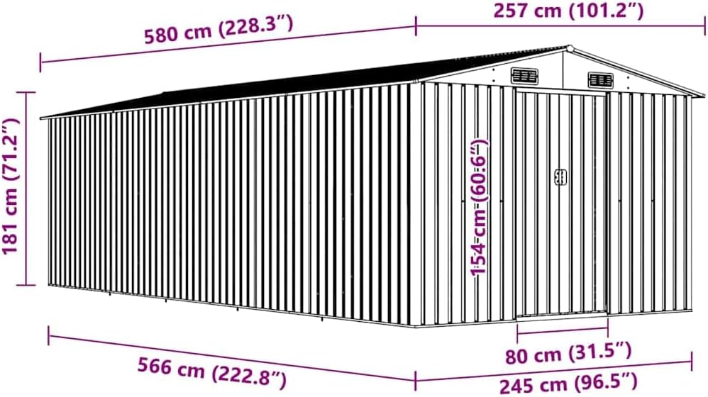 vidaXL Gerätehaus 257x580x181cm Metall Anthrazit Gartenhaus Geräteschuppen Schuppen Gartenschuppen Lagerschuppen Werkzeugschuppen Gartenaufbewahrung