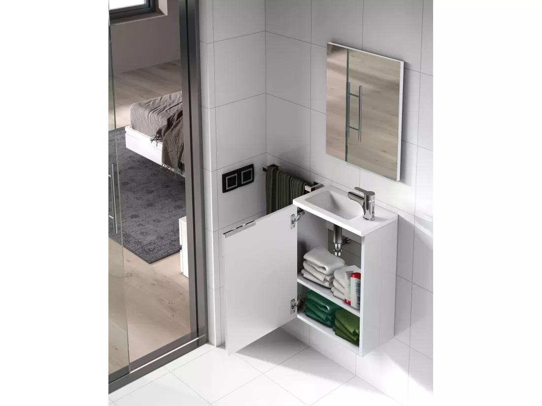 Meuble sous-vasque Dlott, Meuble de salle de bain suspendu, armoire 1 porte avec miroir et lavabo, 40x22h58 cm, Blanc brillant