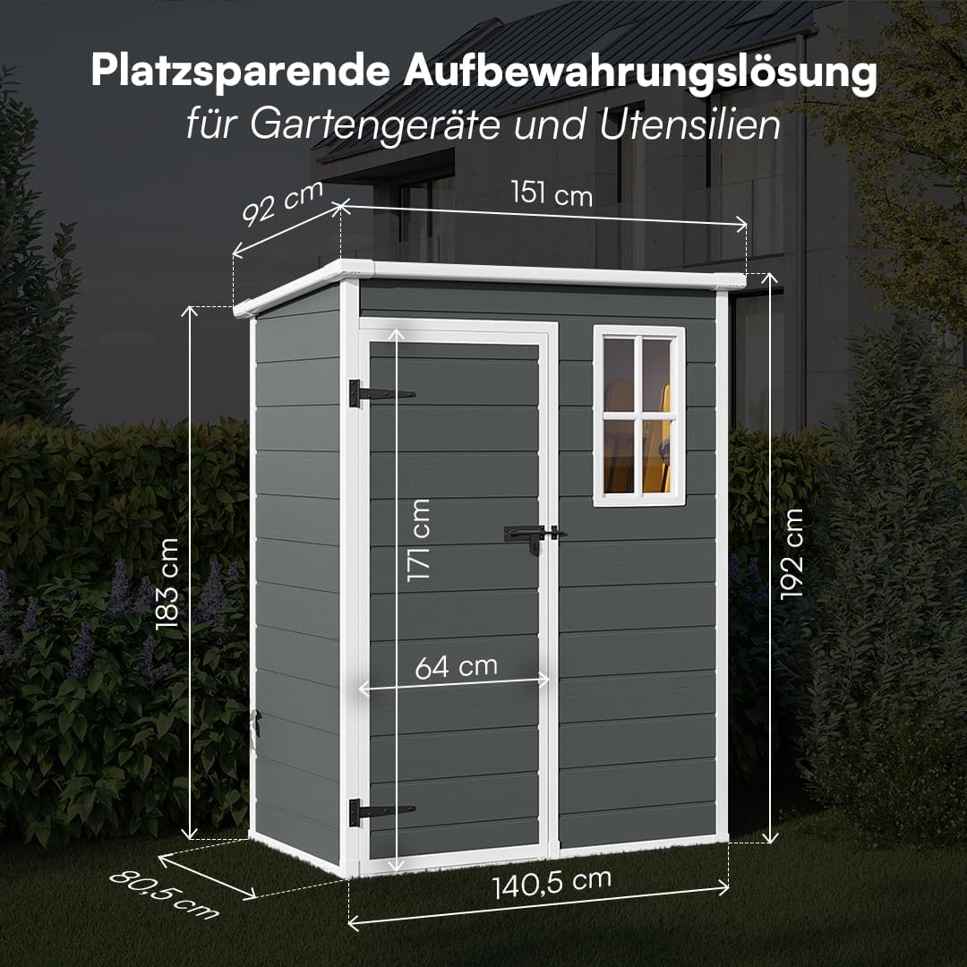 STEELSØN Novara Gerätehaus – Gartenschuppen mit Pultdach & Fenster – Gartenhaus 192x92x151 cm (HxTxB) – Geräteschuppen aus Kunststoff in Anthrazit – Gartenhütte wetterfest & rostfrei – Schuppen