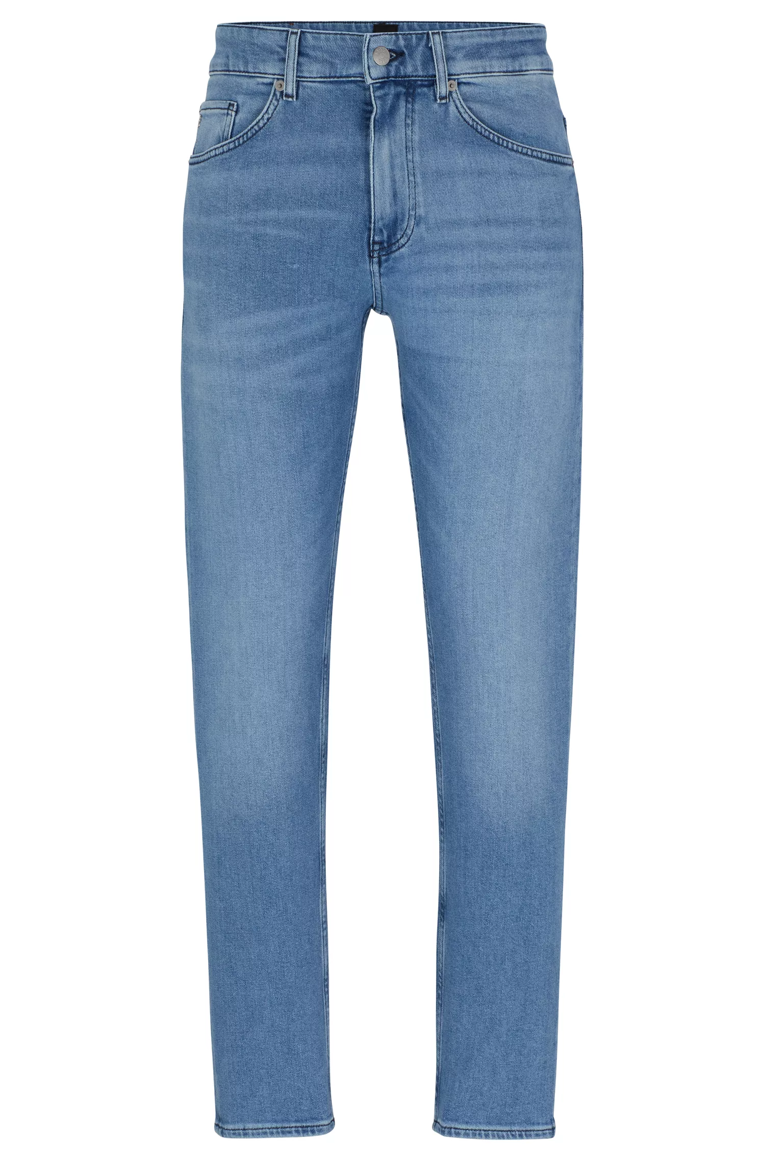 Calça jeans BOSS preta, corte afunilado, em denim azul vibrante com elasticidade confortável.