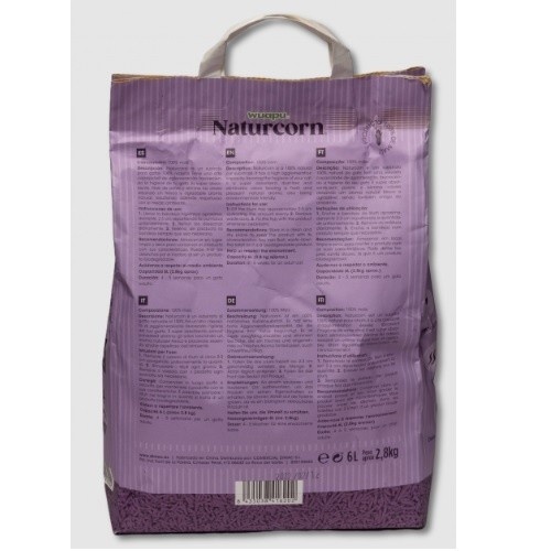 Areia higiênica de milho natural Wuapu Naturcorn com aroma de lavanda para gatos.