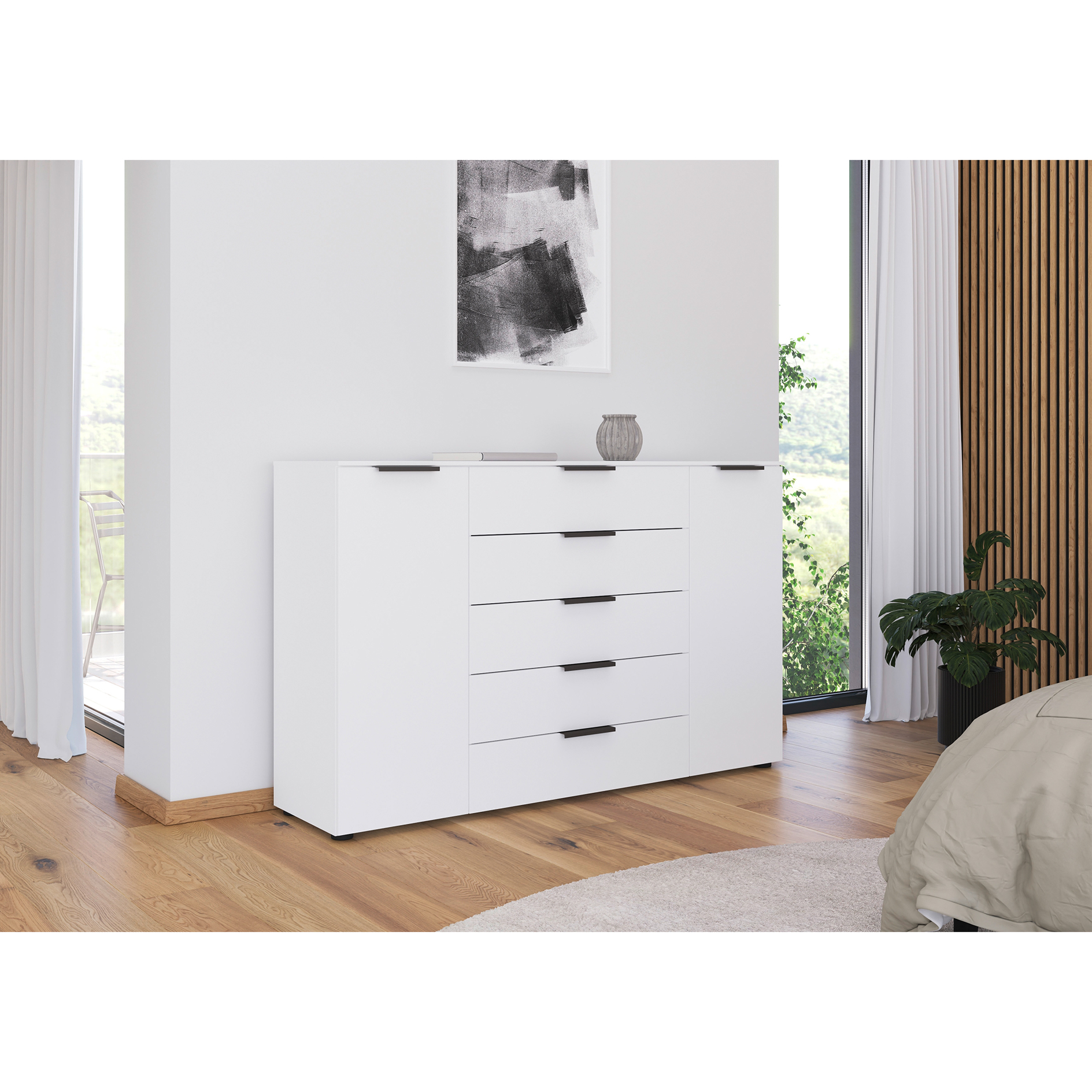 Kommode - alpinweiß - Graphitgriffe - 160 cm