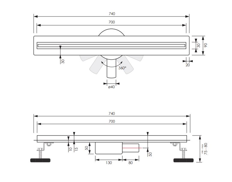 Brauer XS douchegoot 70cm met flens en draaibare sifon RVS geborsteld