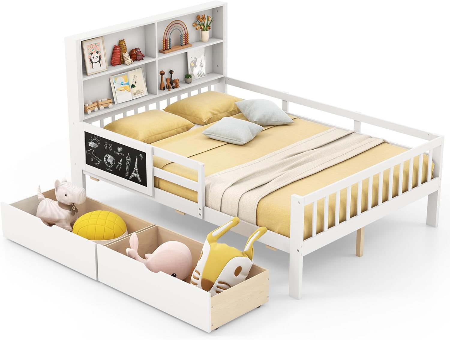 COSTWAY 140 x 200 cm Kinderbett mit Rausfallschutz & Zeichenbrett, Jugendbett mit 2 Schubladen, Bücherregal & Lattenrost, Holzbett weiß, Doppelbett für Jungen und Mädchen