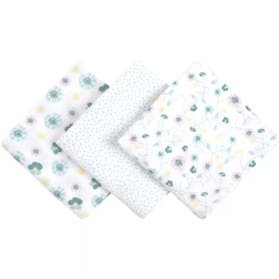 emma & noah Mullwindeln 3er Set Blumen Mint 70 x 70 cm