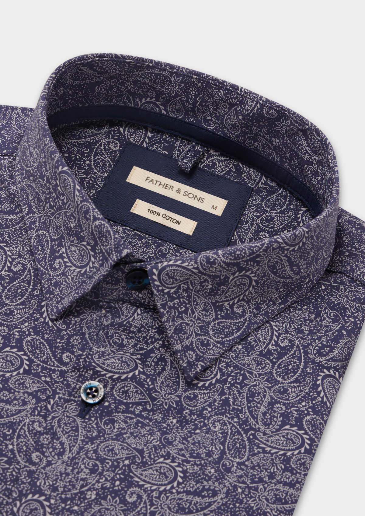 Chemise sport Slim en popeline de coton bleu nuit à motif cachemire blanc