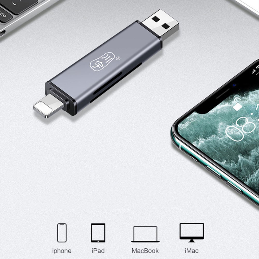 3in1 USB 3.0 / USB C / Lightning Kartenlesegerät Card Reader SD und Micro SD Speicherkarten - Grau