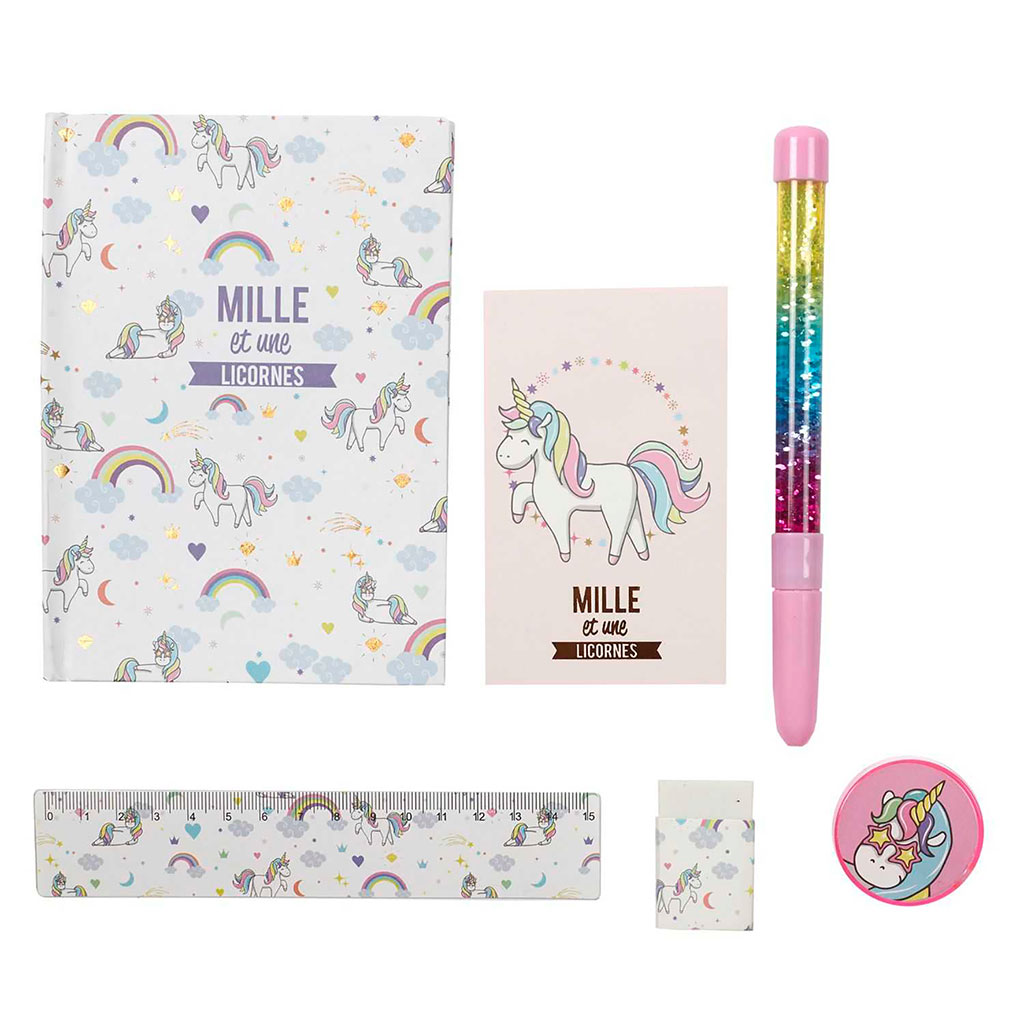 Set accessoires papeterie licorne