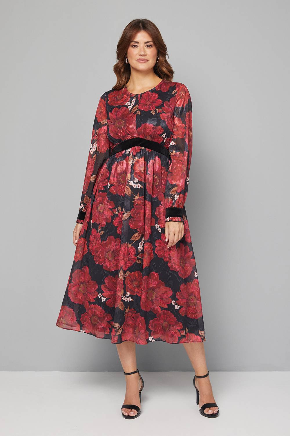 Wallis Robe Mi-Longue en Velours à Contraste Floral