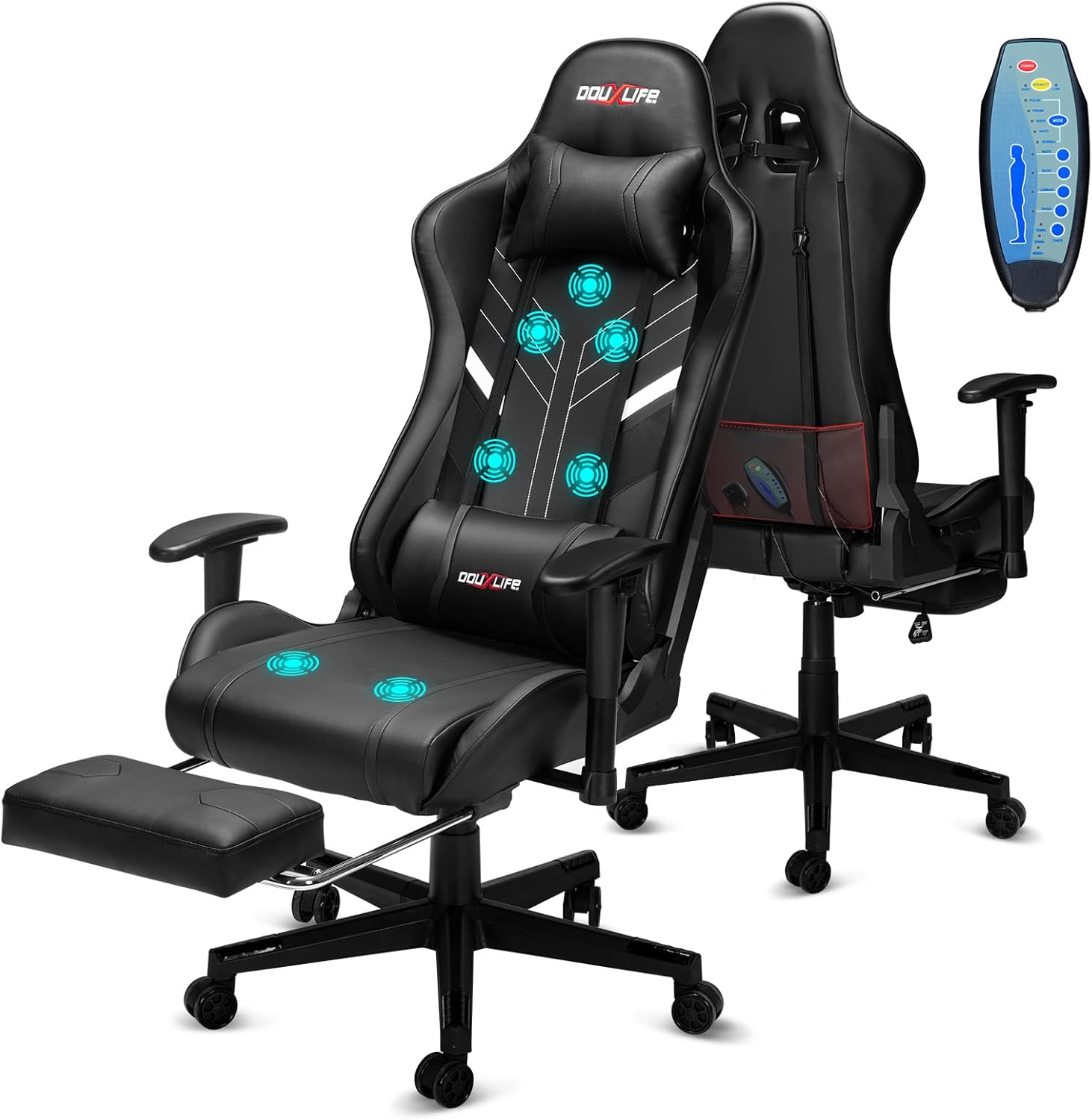 Douxlife Gaming Stuhl, mit 7 Punkt Massage, Fußstütze, Ergonomischer Bürostuhl, 90-175° Rückenlehne Einstellbar, Verstellbare 2D Armlehne, PC Gamer Stuhl Schreibtischstuh, 150-180KG, Tiefschwarz