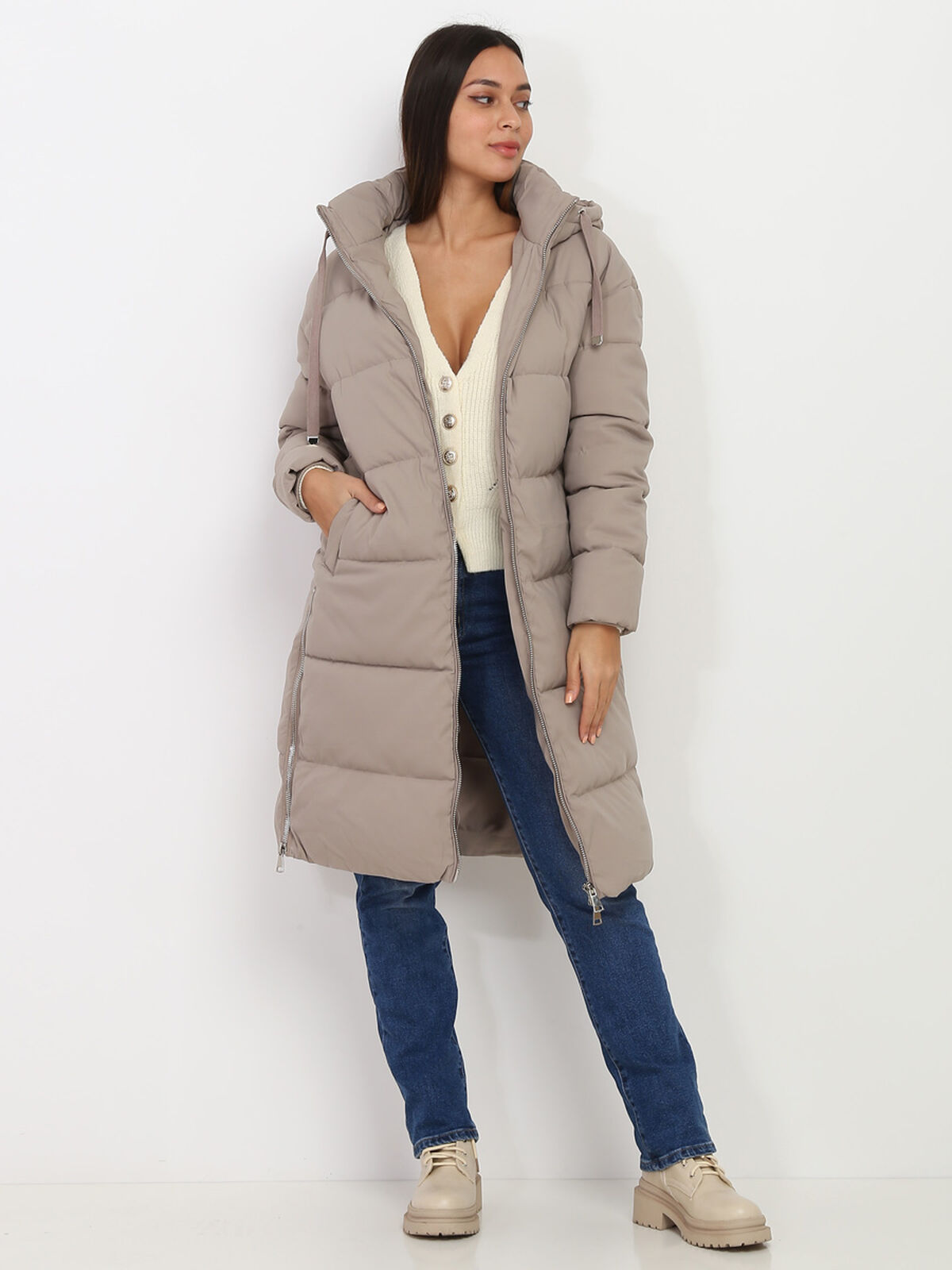Doudoune oversize à zips- Taupe