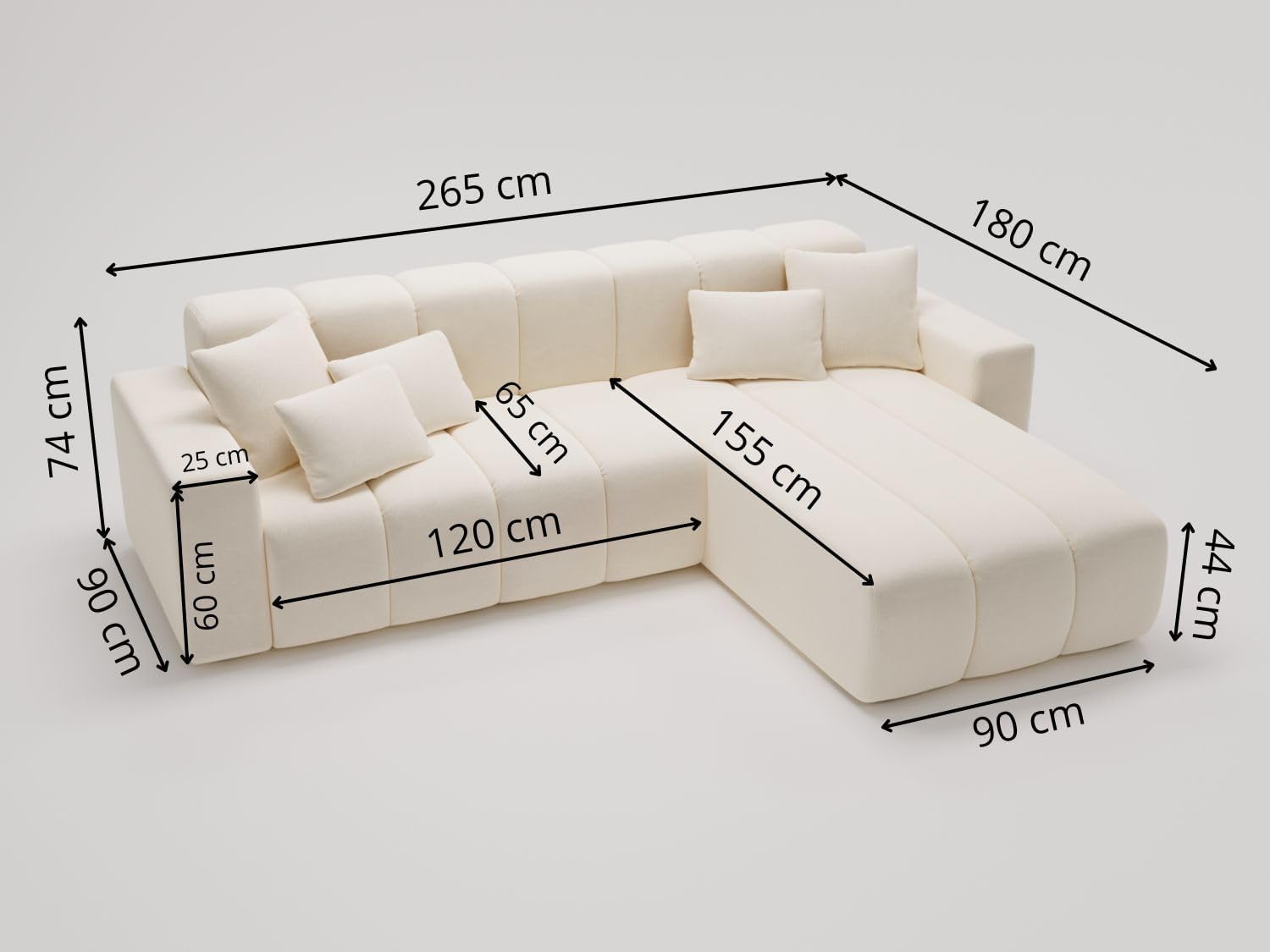 GRAINGOLD Nork Ecksofa 265x180 cm, L-Form Sofa, Ecksofa für Wohnzimmer, Velour, 4-Sitzer Eckcouch, Modernes Design (Beige, Rechts)