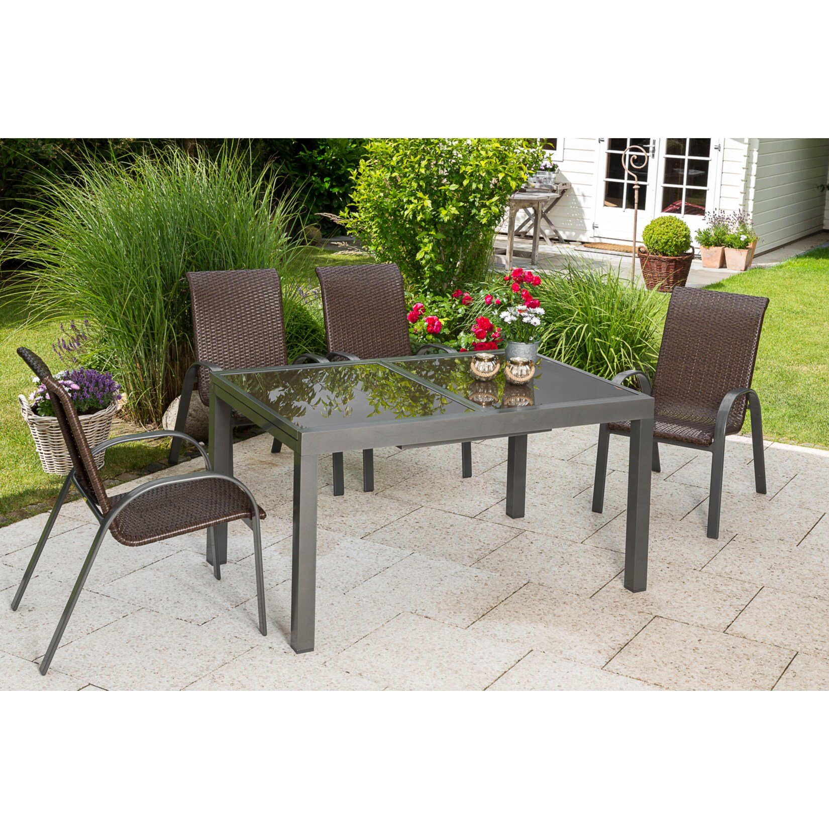 Merxx Sitzgruppe Varese 5tlg., Ausziehtisch 120 (180) x 90 cm mit 4 Stapelsesseln