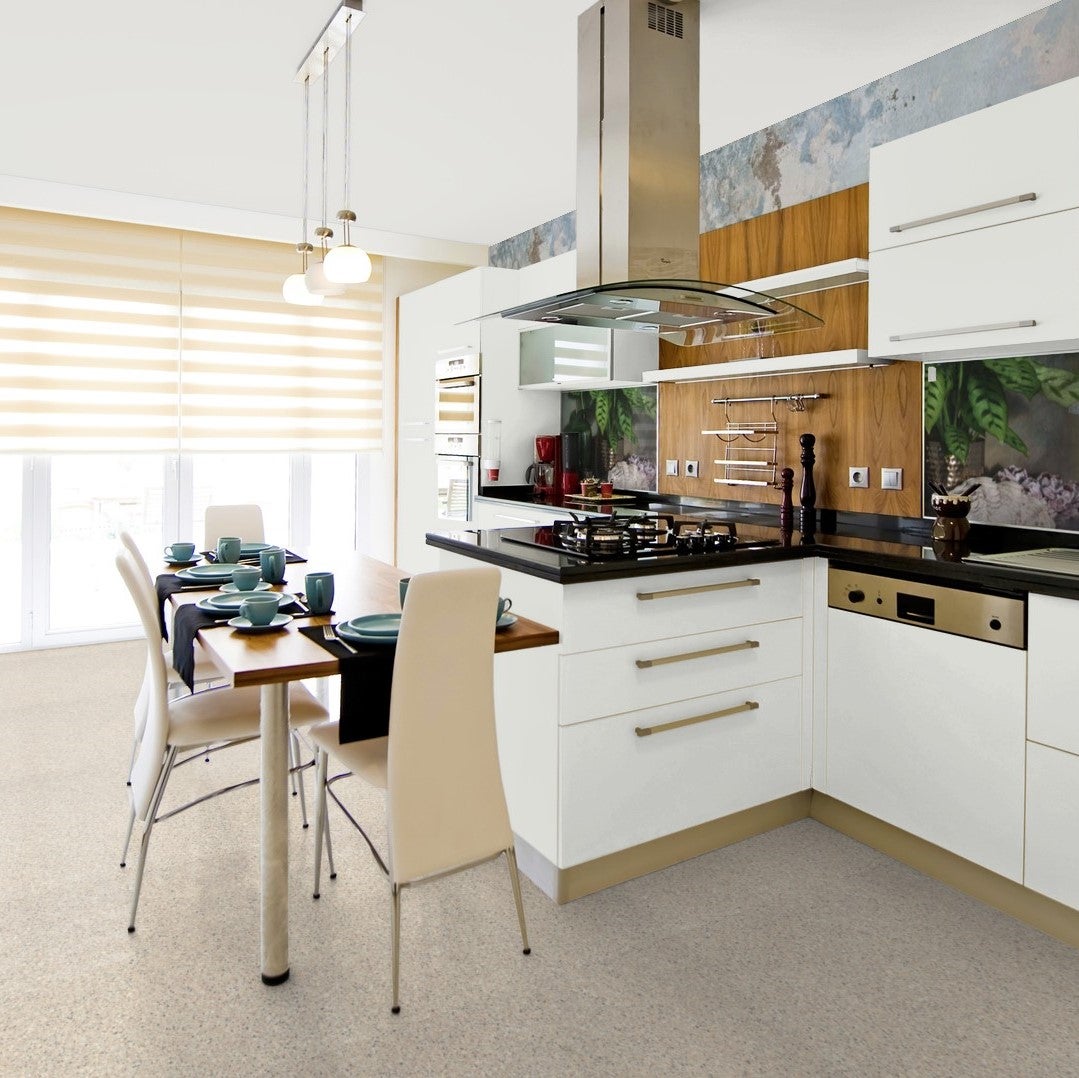PVC vloer per meter, granietlook, beige steenlook met schuimrug, 200 cm breed (per meter verkocht)
