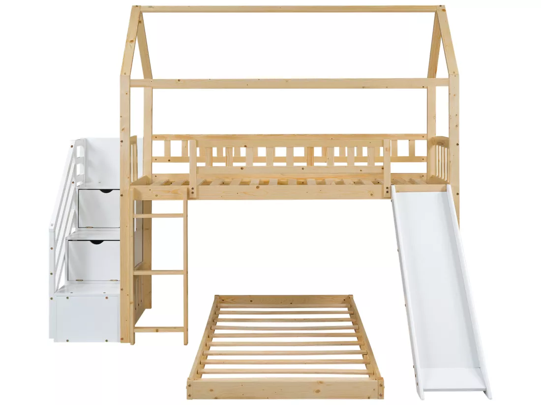 Lit superposé 2x90x200cm en bois massif - avec escalier de rangement et toboggan - sommiers à lattes - Naturel
