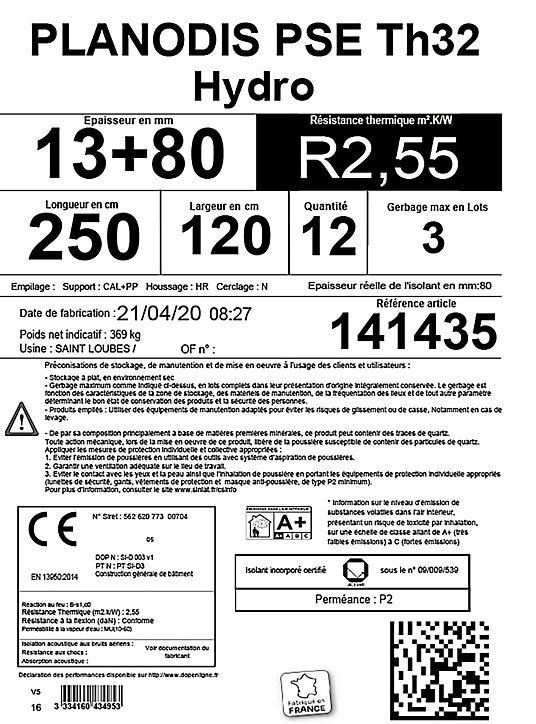 Plaque de doublage hydrofuge Planodis (TH 32) 250 x 120 cm, ép. 12,5 mm + 80 mm (vendue à la plaque) zone « Nord »