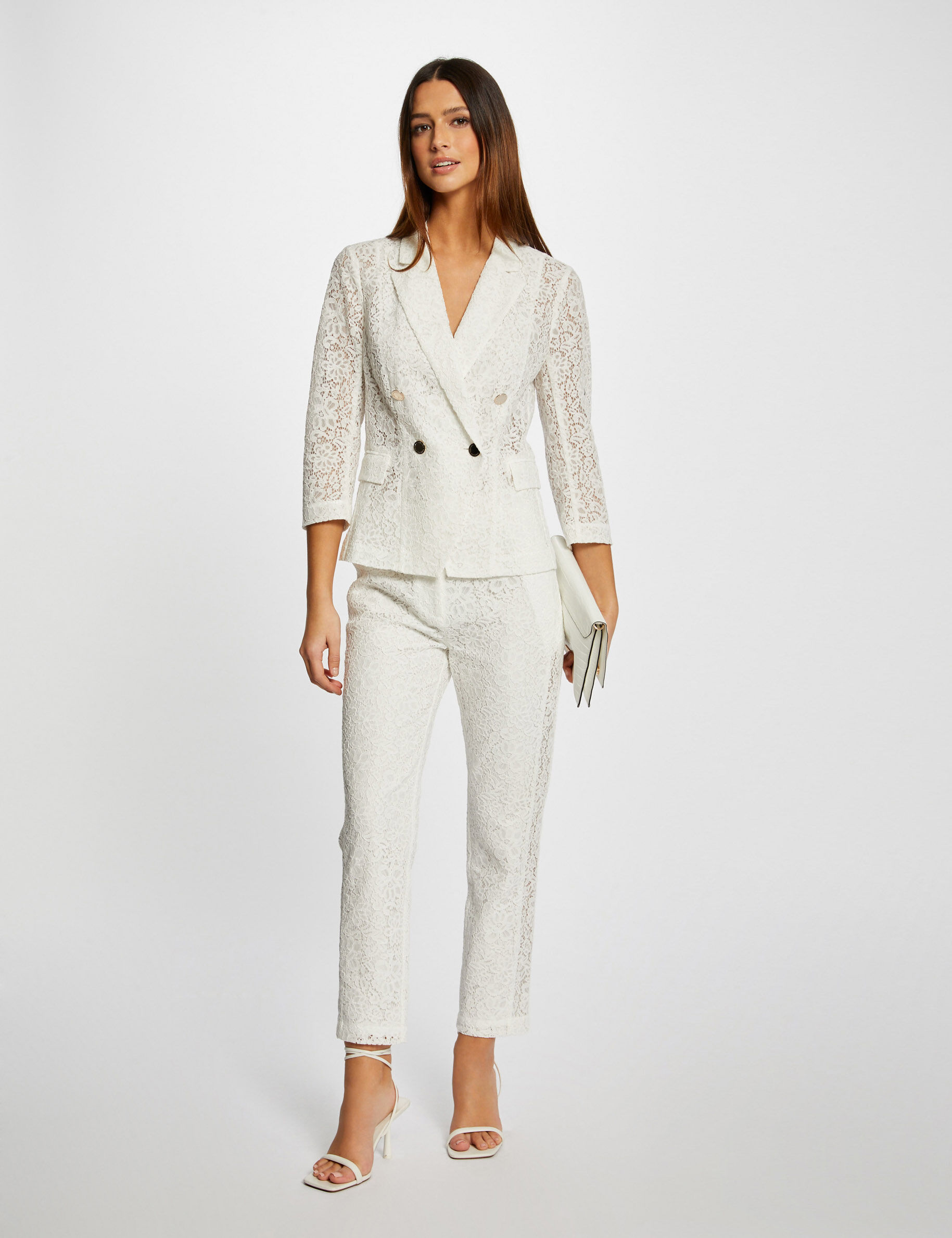 Veste droite manches 3/4 en dentelle ecru femme - ecru