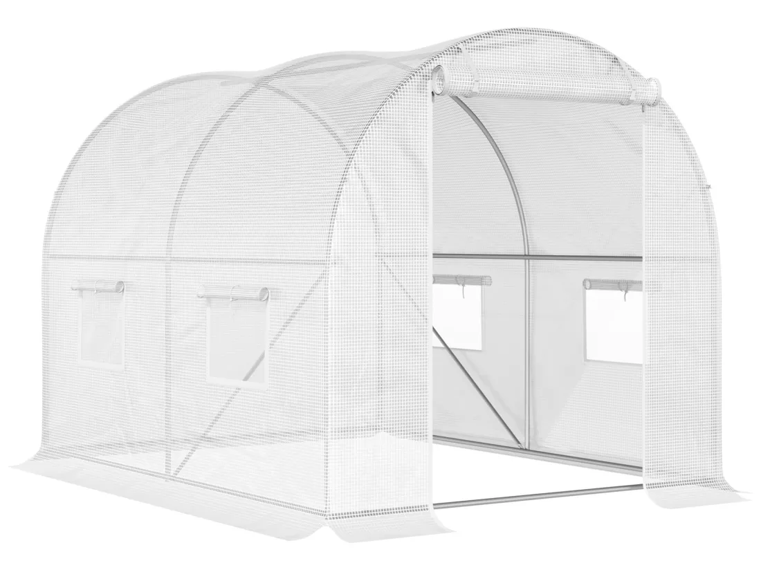 Serre de jardin tunnel 6 m² 3L x 2l x 1,9H m acier galvanisé renforcé diamètre 2,4 cm + PE haute densité fenêtres porte blanc