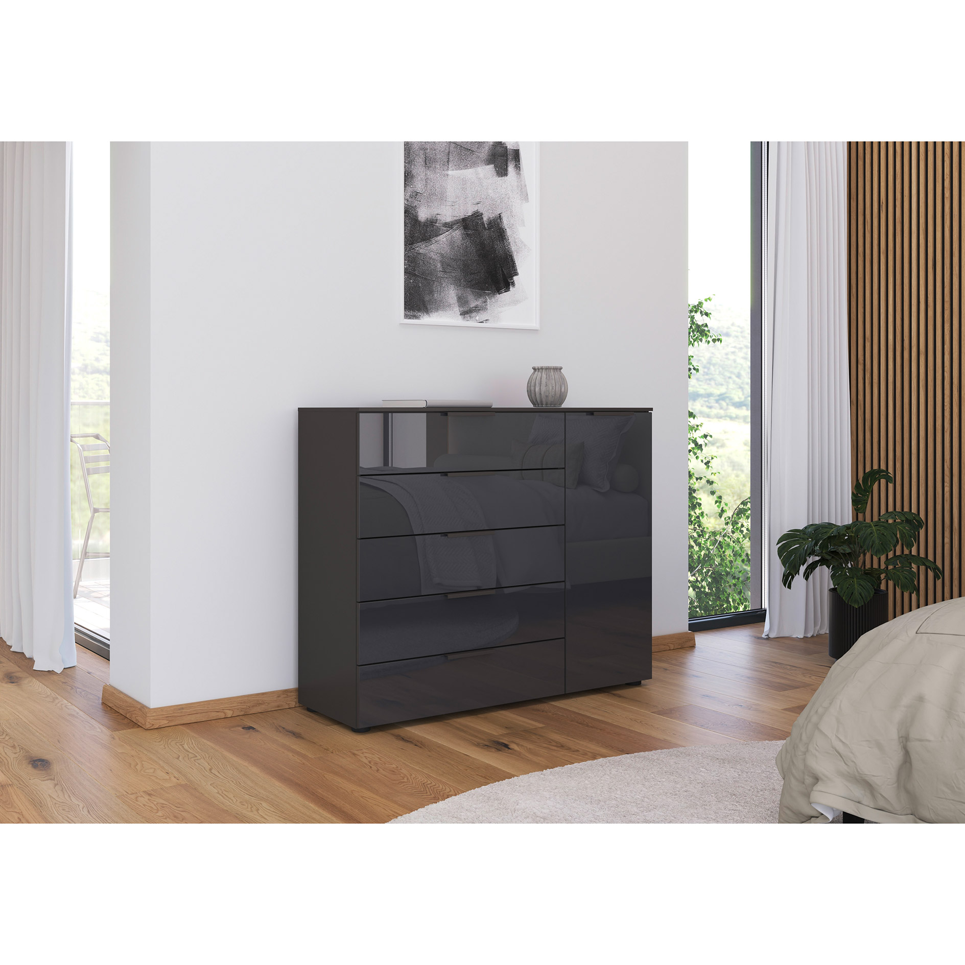 Kommode - graphit-Basaltglas - Graphitgriffe - 120 cm