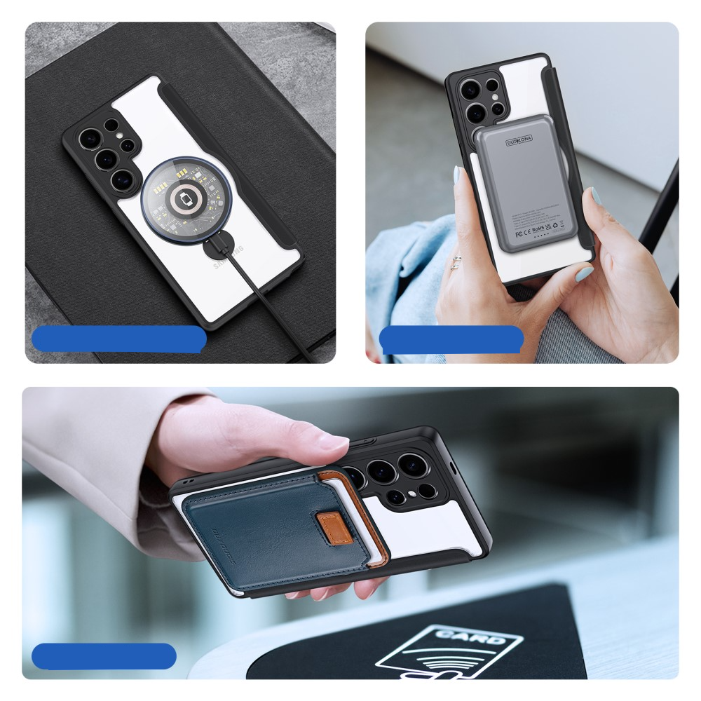 Samsung Galaxy S25 Ultra Hybrid Leder Tasche Kickstand Aufsteller   Kunststoff Rückseite MagSafe-Modul - Schwarz / Transparent